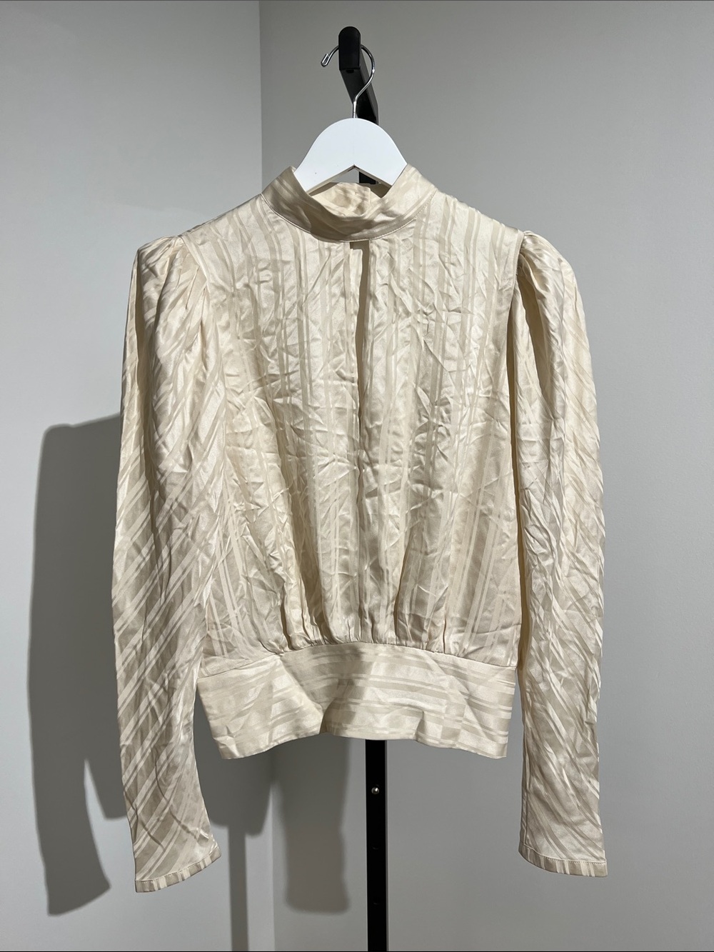 Frame Denim Cream High-Neck Blouse with Subtle Stripe Texture